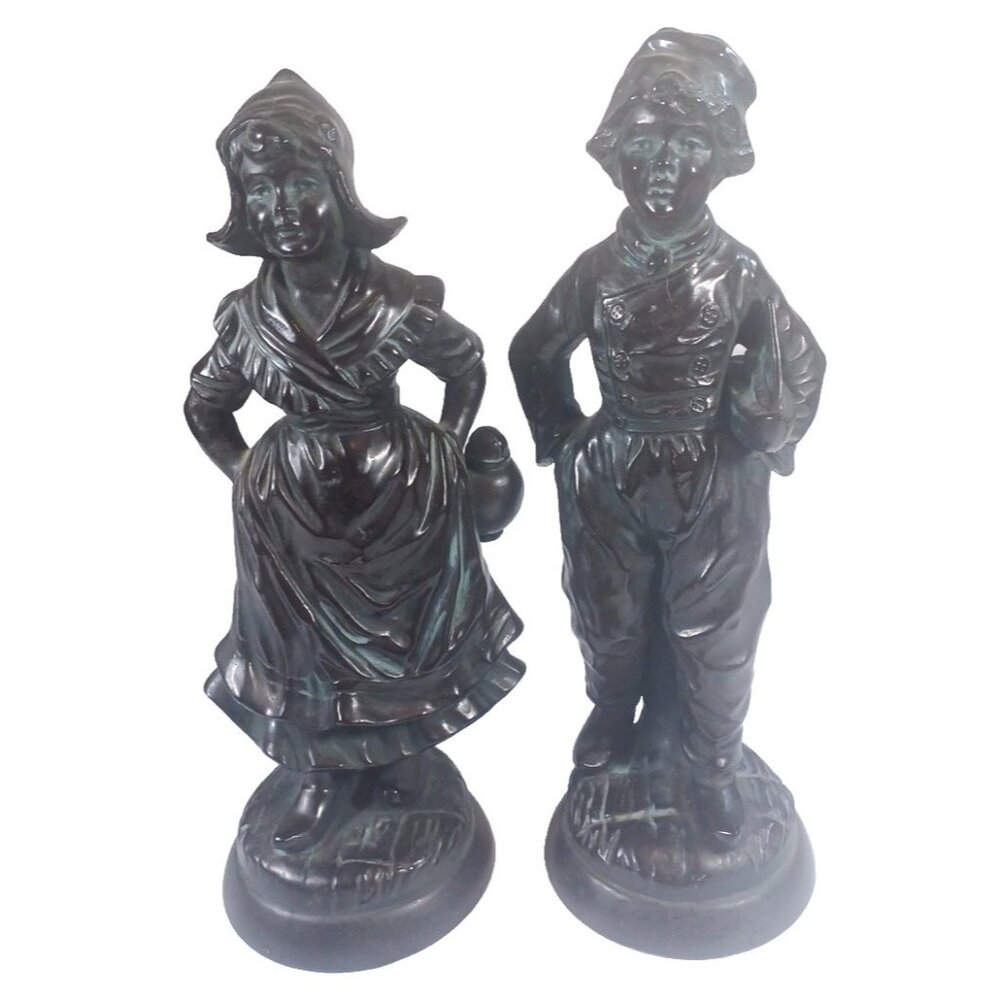 Vintage MCM 1962 Black Dutch Boy Girl Statue Figurine Sculptures Bronze Look